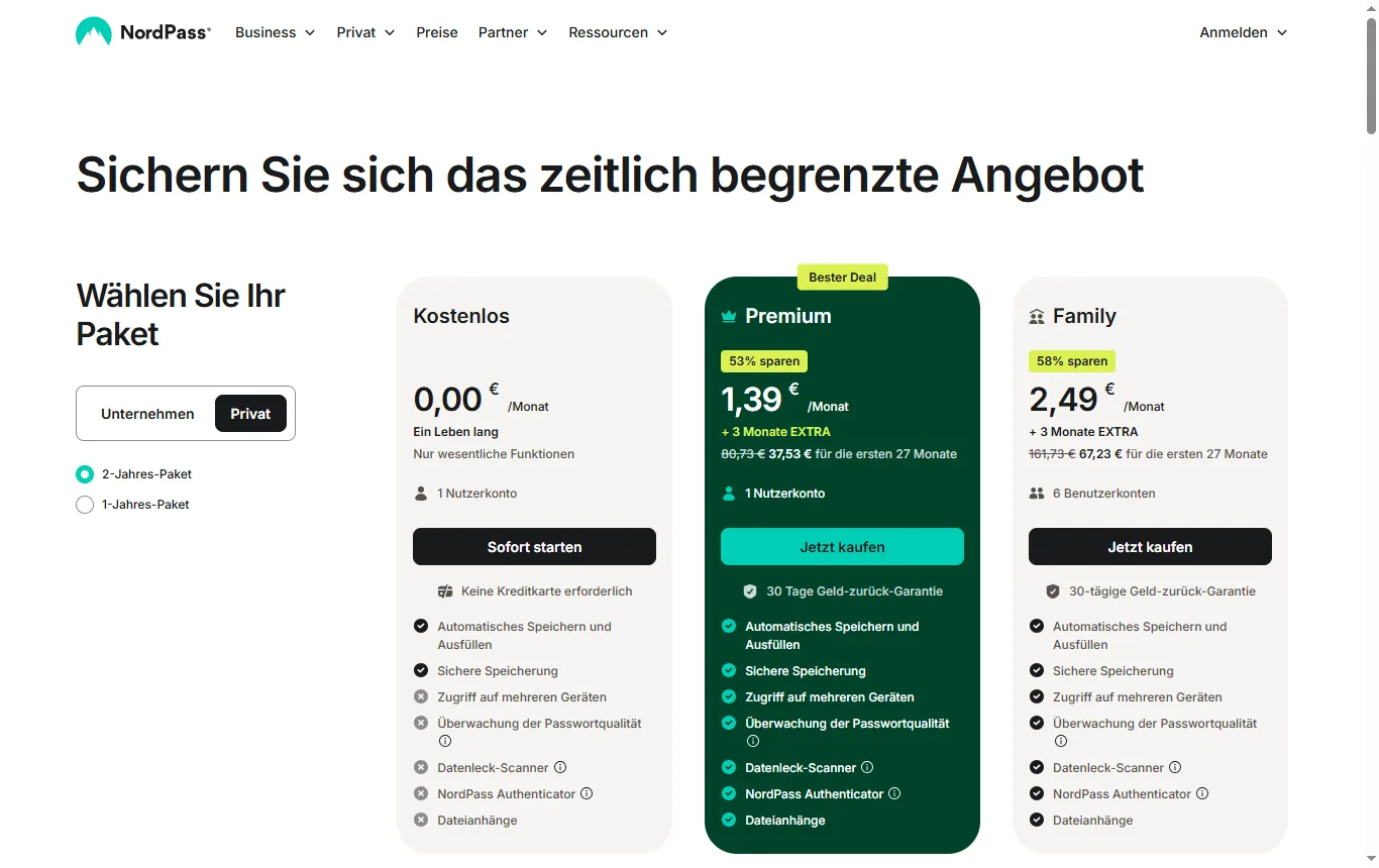 Screenshot von nordpass.com : Tarifseite von NordPass mit der Gratis-Spalte
