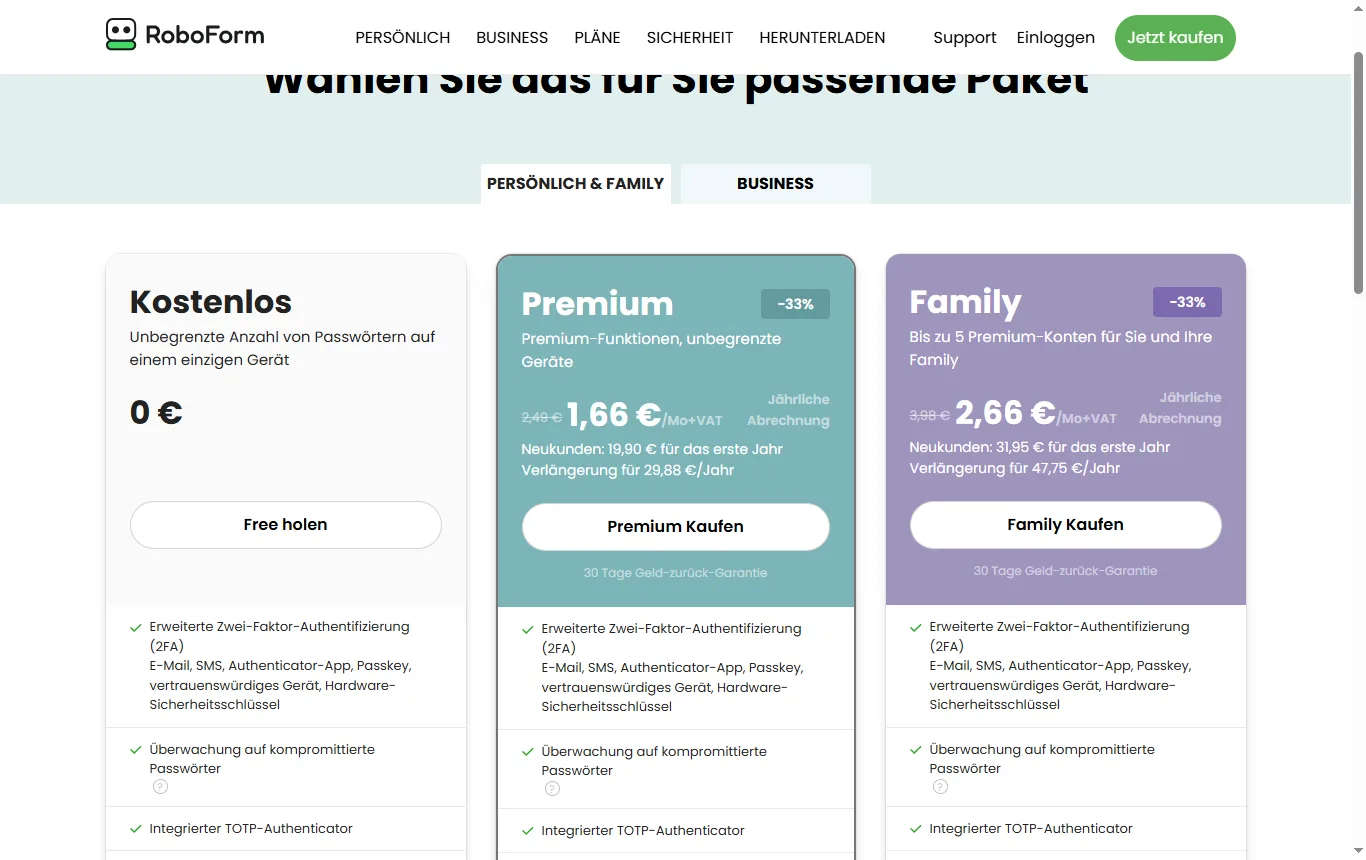 Screenshot von roboform.com : Preisseite von RoboForm mit den Unterschieden der Tarife