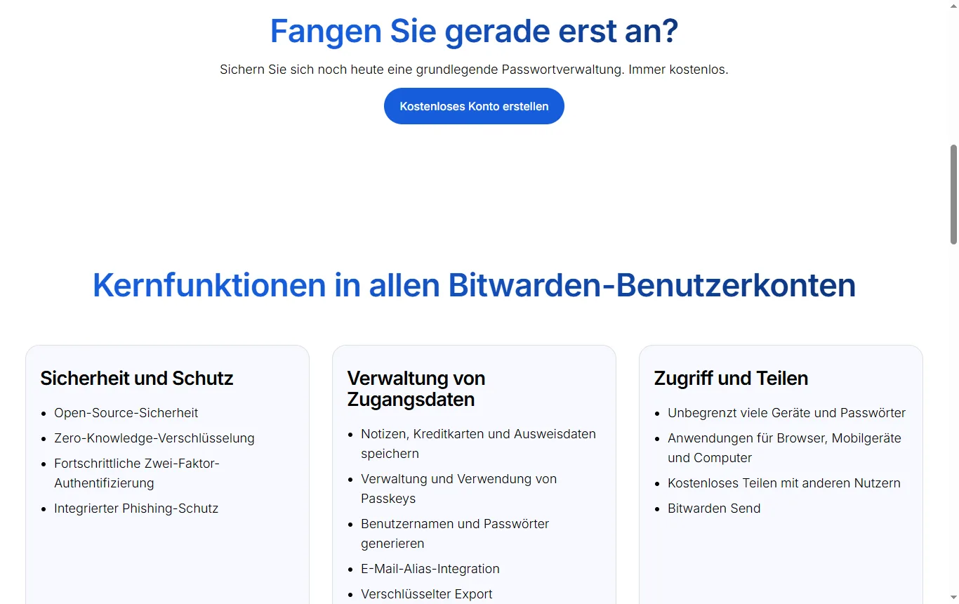 Screenshot von bitwarden.com : Preisseite von Bitwarden mit den Kernfunktionen für alle Konten