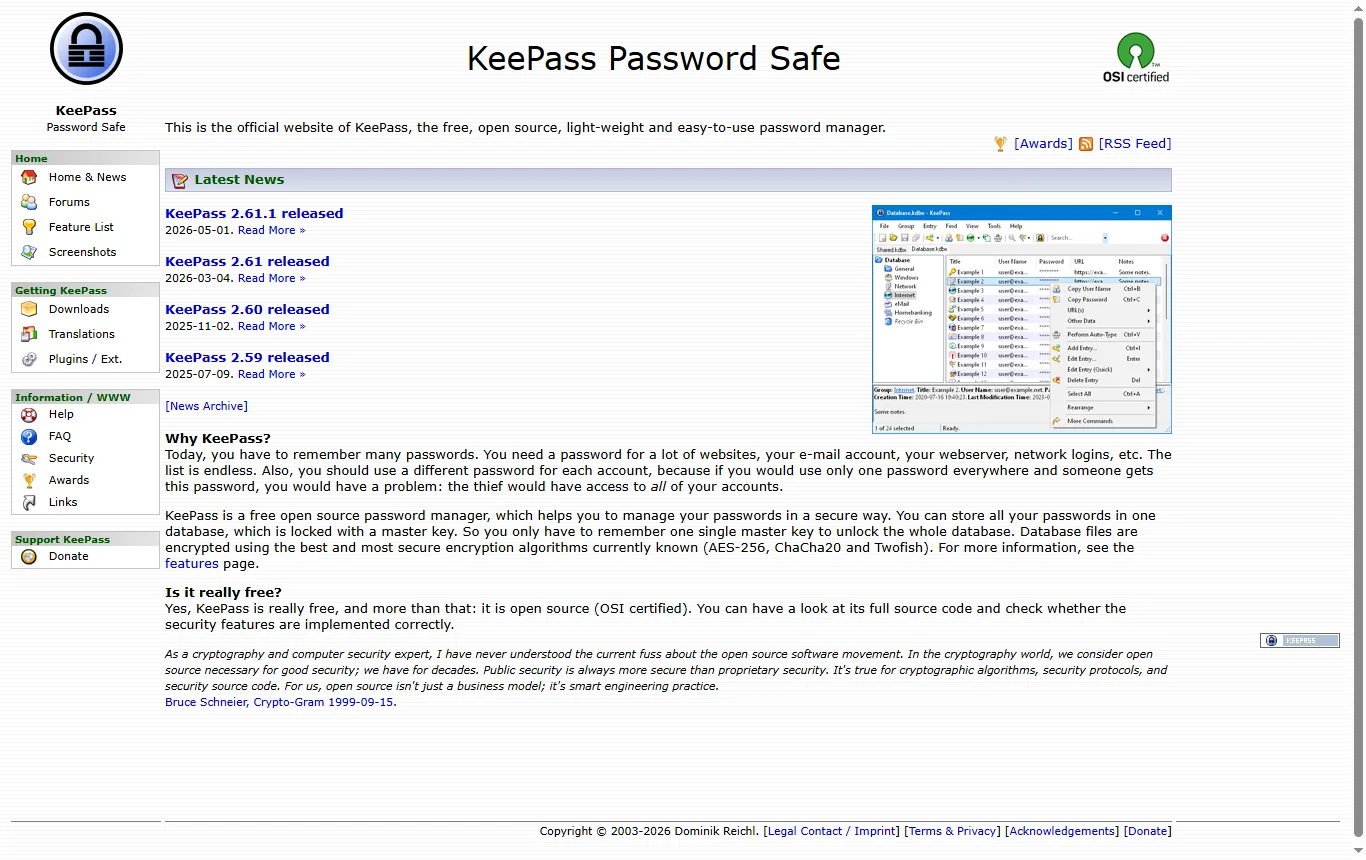 Screenshot von keepass.info : Startseite von keepass.info mit der Beschreibung