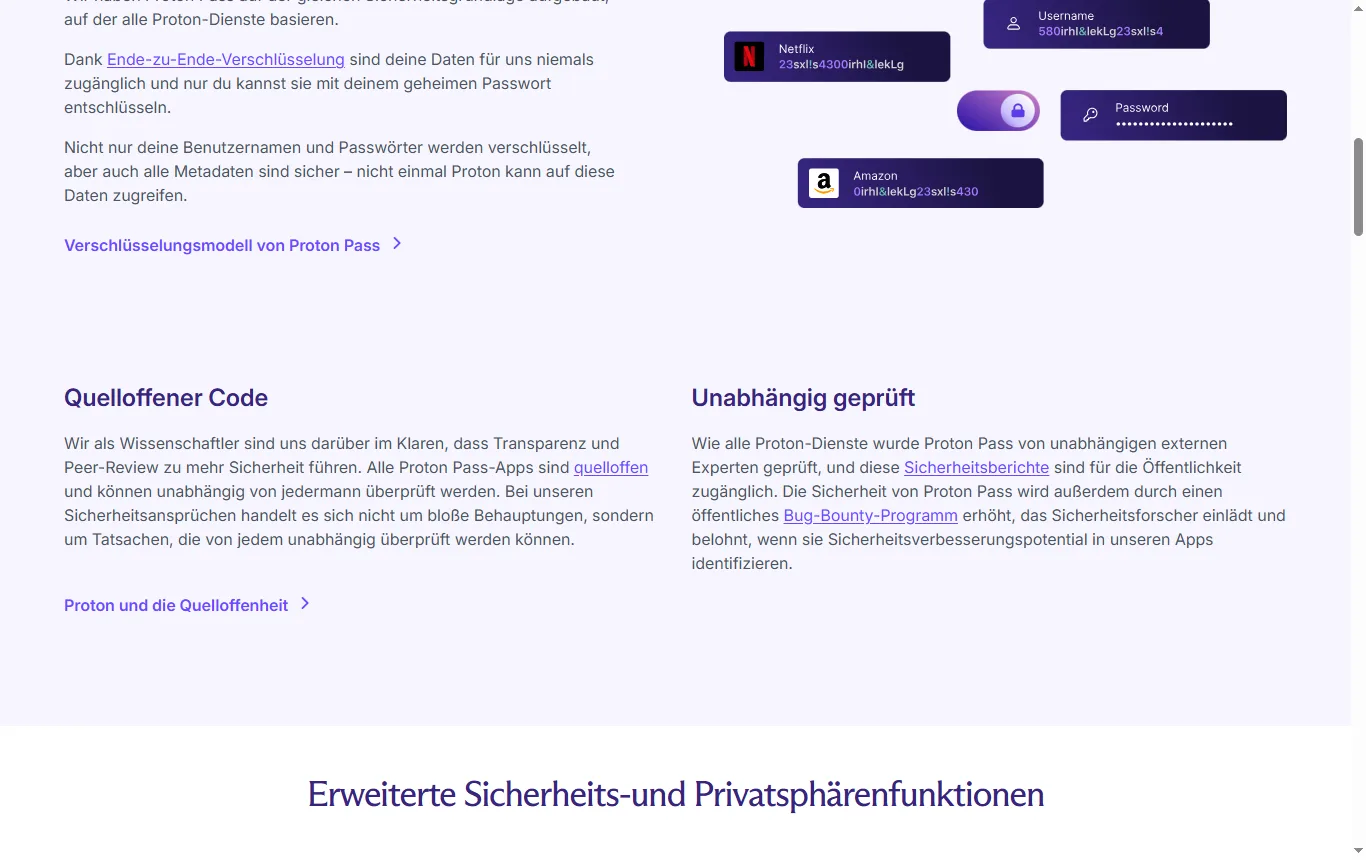 Screenshot von proton.me : Sicherheitsseite von Proton Pass mit dem Hinweis auf die unabhängige Prüfung durch Cure53