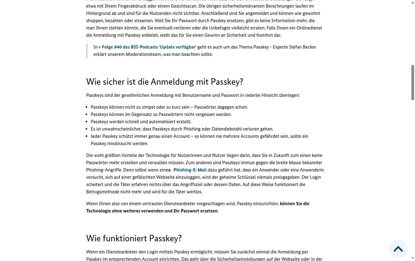 Screenshot von bsi.bund.de : BSI-Seite „Passkeys: Anmelden ohne Passwort“ mit der Erklärung der Einrichtung und des Phishing-Schutzes