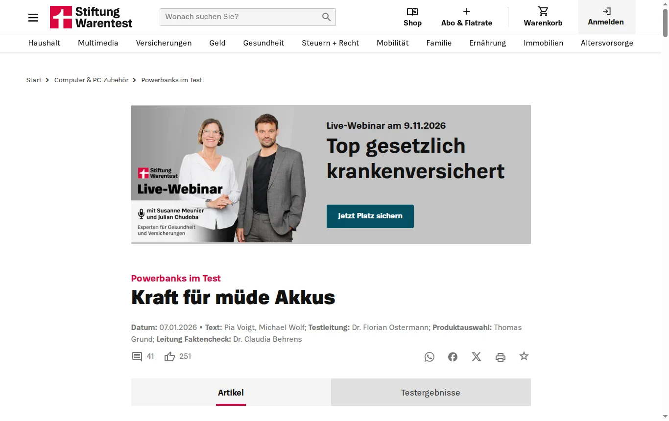 Screenshot von test.de : Einstiegsseite von „Powerbanks im Test“ auf test.de mit Datum, ohne kostenpflichtige Inhalte