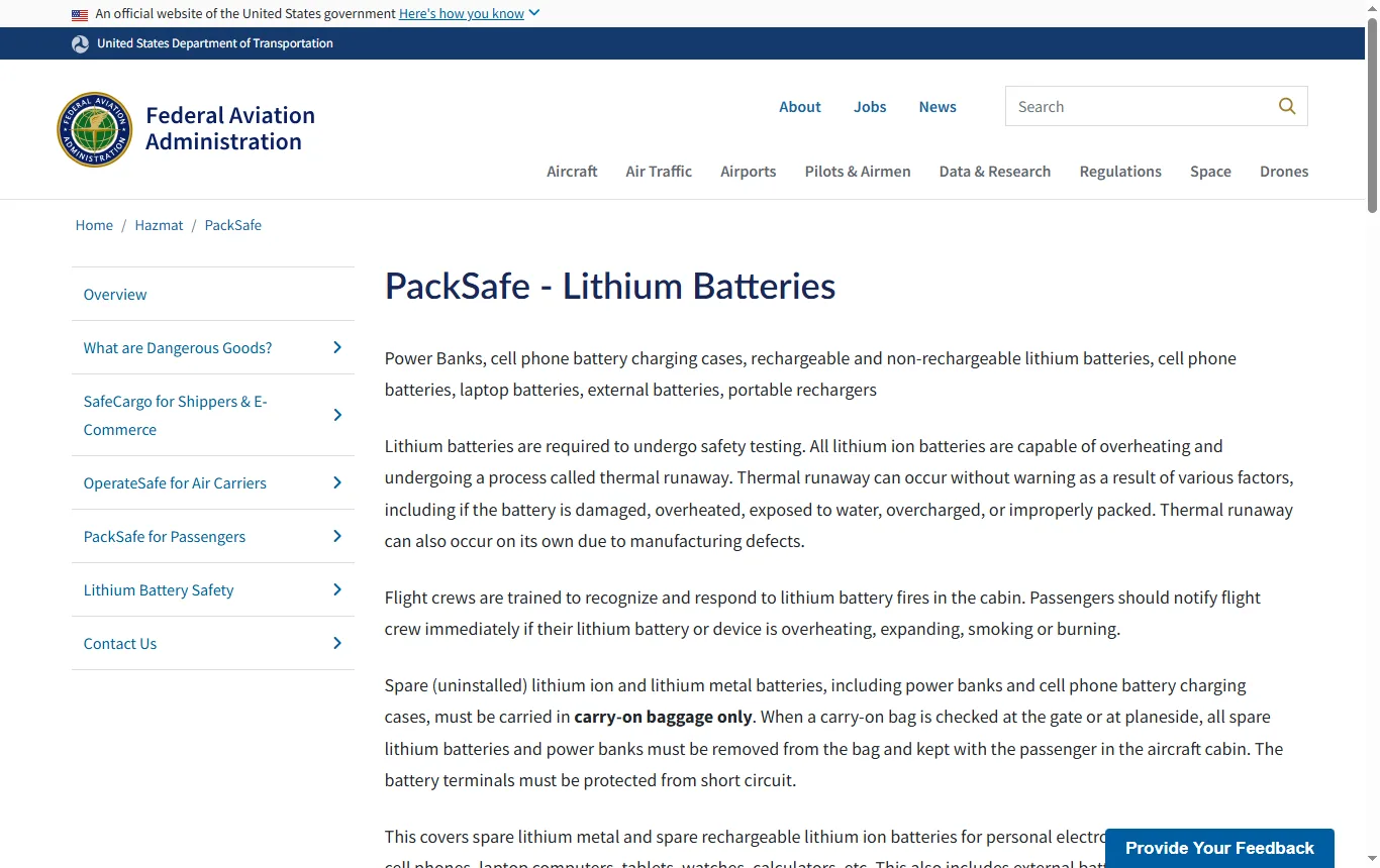 Screenshot von faa.gov : Seite „Lithium Batteries“ der FAA mit den Hinweisen zu Ersatzakkus, Handgepäck und der Grenze von 100 Wattstunden
