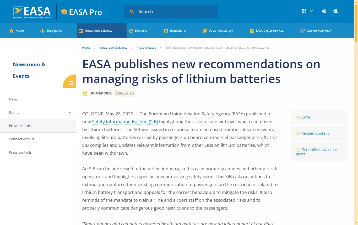 Screenshot von easa.europa.eu : Pressemitteilung der EASA vom 28.05.2025 zu neuen Empfehlungen für Lithiumbatterien an Bord