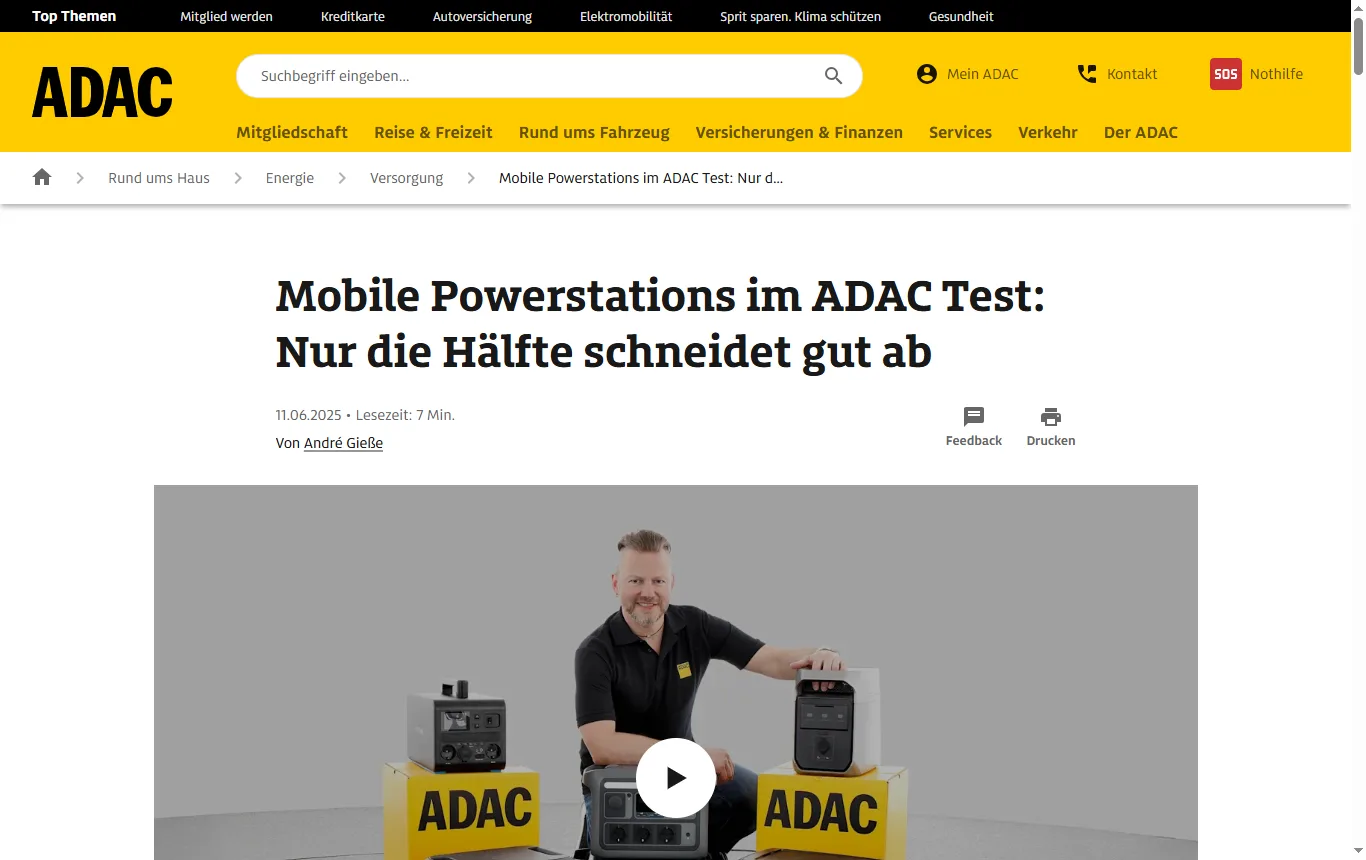 Screenshot von adac.de : ADAC-Seite "Mobile Powerstations im ADAC Test" (adac.de/rund-ums-haus/energie/versorgung/mobile-powerstations-test/) mit der Überschrift und der Testbeschreibung