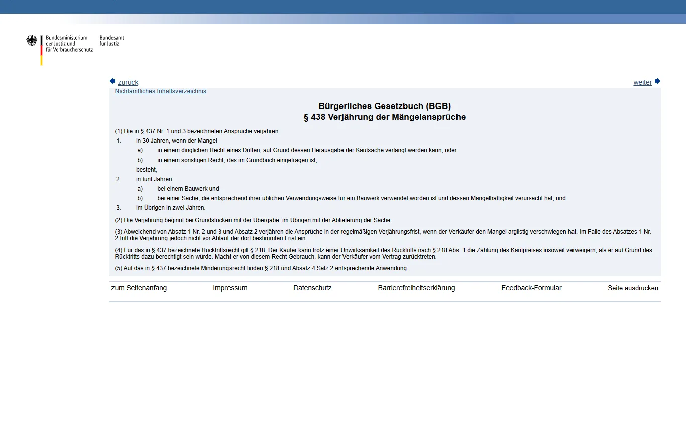 Screenshot von gesetze-im-internet.de : Gesetzestext § 438 BGB auf gesetze-im-internet.de/bgb/__438.html mit Absatz 1 Nummer 3 (zwei Jahre Verjährung bei neuen Sachen)