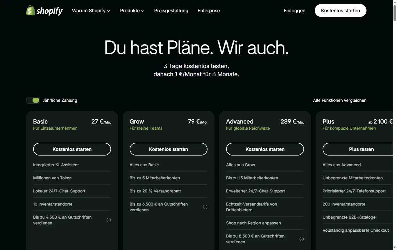 Screenshot von shopify.com : Preisseite shopify.com/de/preise mit den Tarifen Basic, Grow, Advanced und Plus und dem Schalter zwischen monatlicher und jährlicher Zahlung