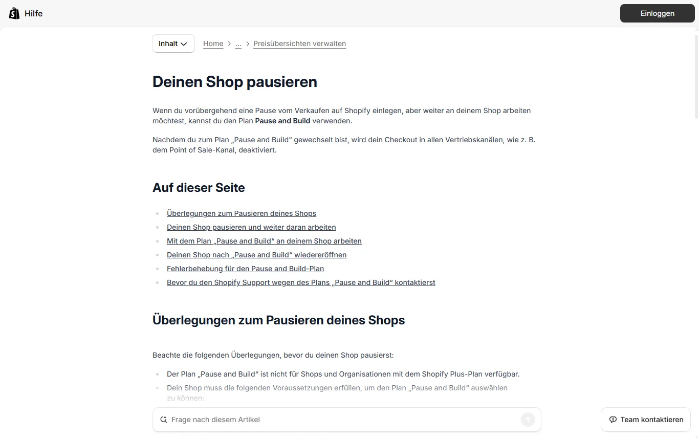 Screenshot von help.shopify.com : Shopify-Hilfeseite "Pausieren und Wiedereröffnen" (help.shopify.com) mit dem Abschnitt zu den Folgen für Checkout, Apps und Abopreis