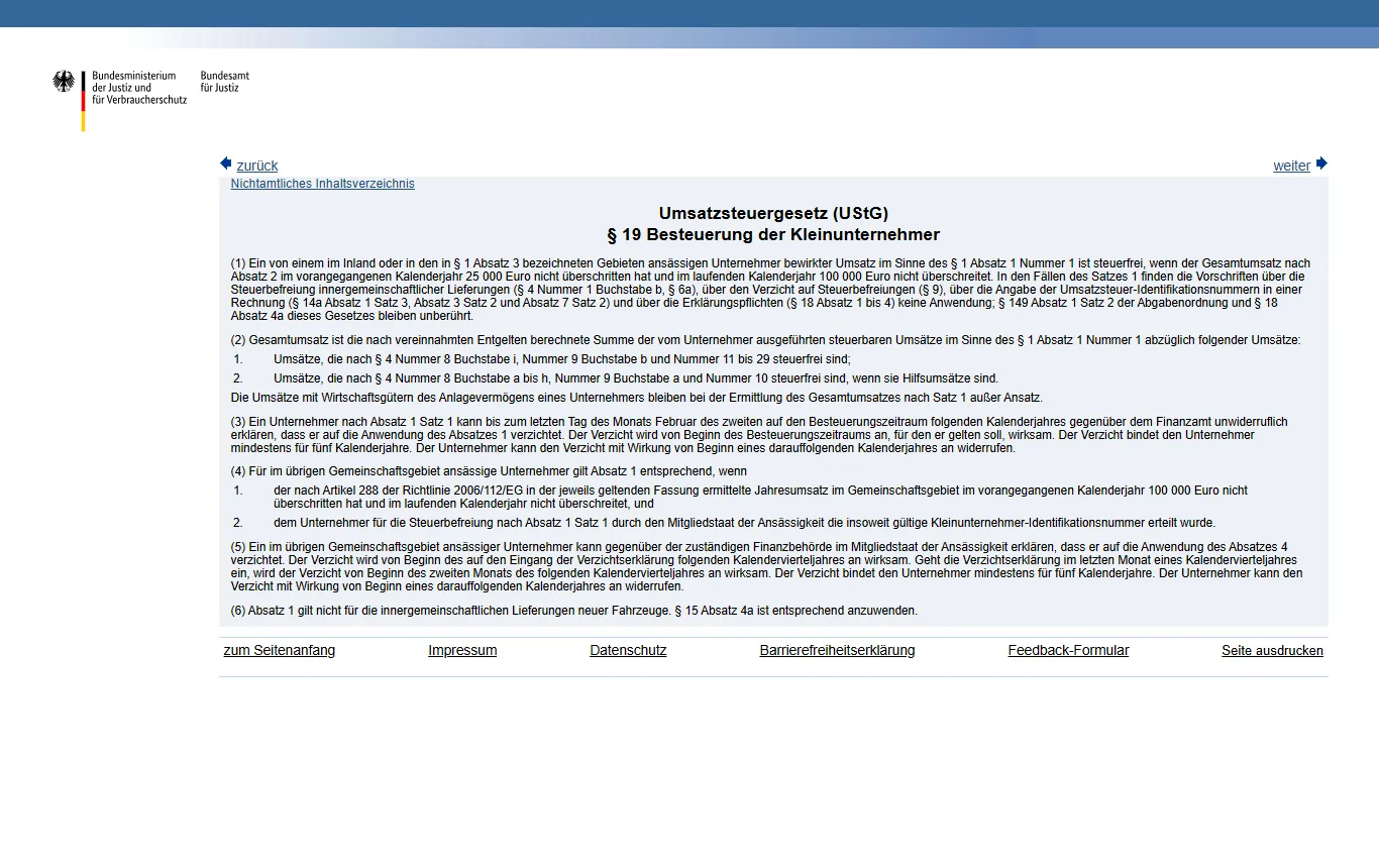 Screenshot von gesetze-im-internet.de : Gesetzestext § 19 UStG auf gesetze-im-internet.de/ustg_1980/__19.html mit Absatz 1 (25.000 Euro im Vorjahr, 100.000 Euro im laufenden Jahr) und Absatz 3 (Verzicht)