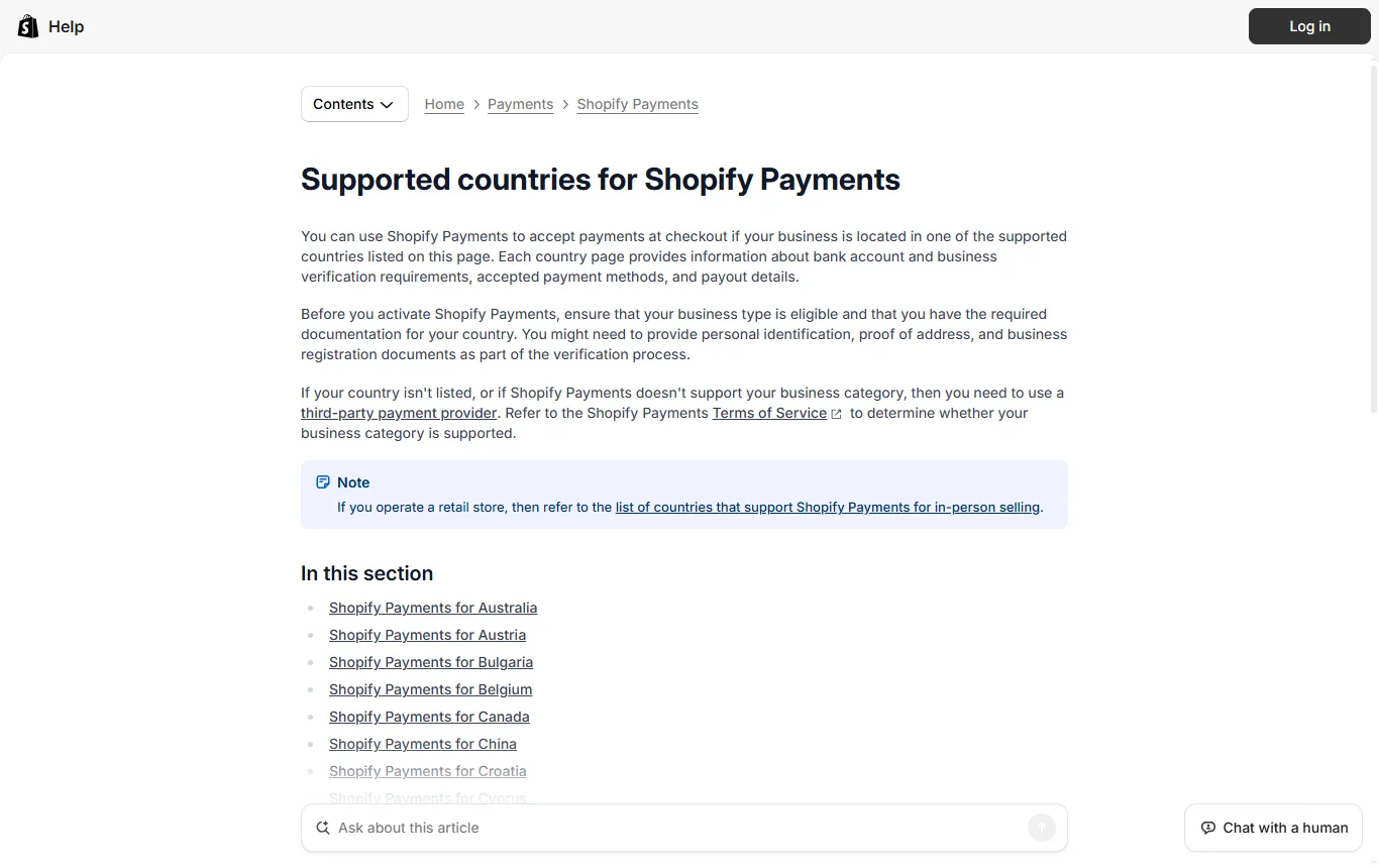 Screenshot von help.shopify.com : Shopify-Hilfe "Von Shopify Payments unterstützte Länder" (help.shopify.com/en/manual/payments/shopify-payments/supported-countries) mit der Liste, in der Deutschland steht