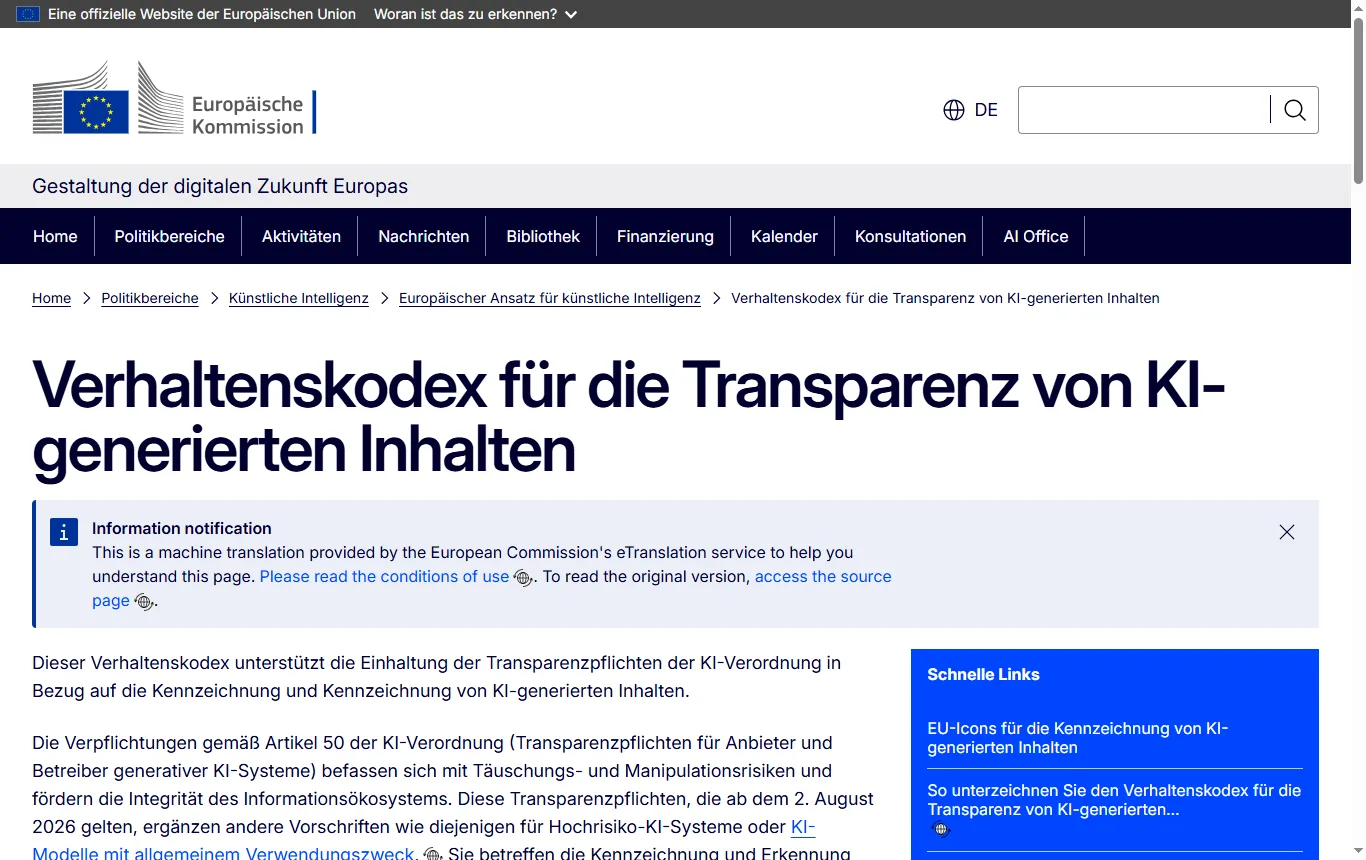 Screenshot von digital-strategy.ec.europa.eu : Seite der Europäischen Kommission zum Praxiskodex für KI-erzeugte Inhalte (digital-strategy.ec.europa.eu, Policies, Code of practice on AI-generated content), Abschnitt zu Artikel 50 und Anwendung ab 2. August 2026