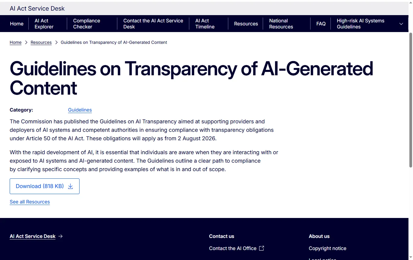 Screenshot von ai-act-service-desk.ec.europa.eu : Leitlinien der Kommission zur Transparenz KI-erzeugter Inhalte im AI Act Service Desk (ai-act-service-desk.ec.europa.eu), Einführung mit Anwendungsbereich und Beispielen