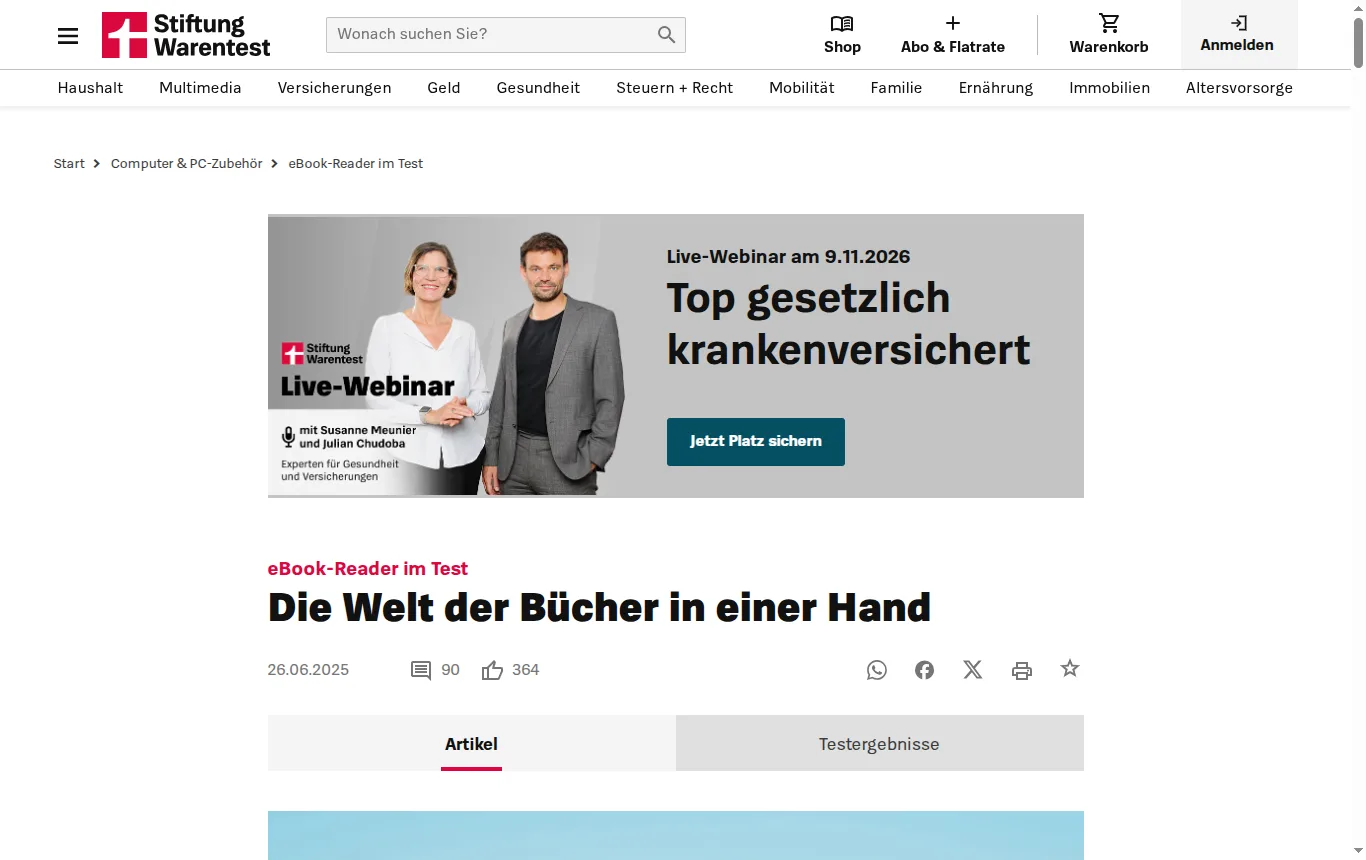 Screenshot von test.de : Einstiegsseite des Artikels „eBook-Reader im Test“ auf test.de mit Datum, ohne kostenpflichtige Inhalte