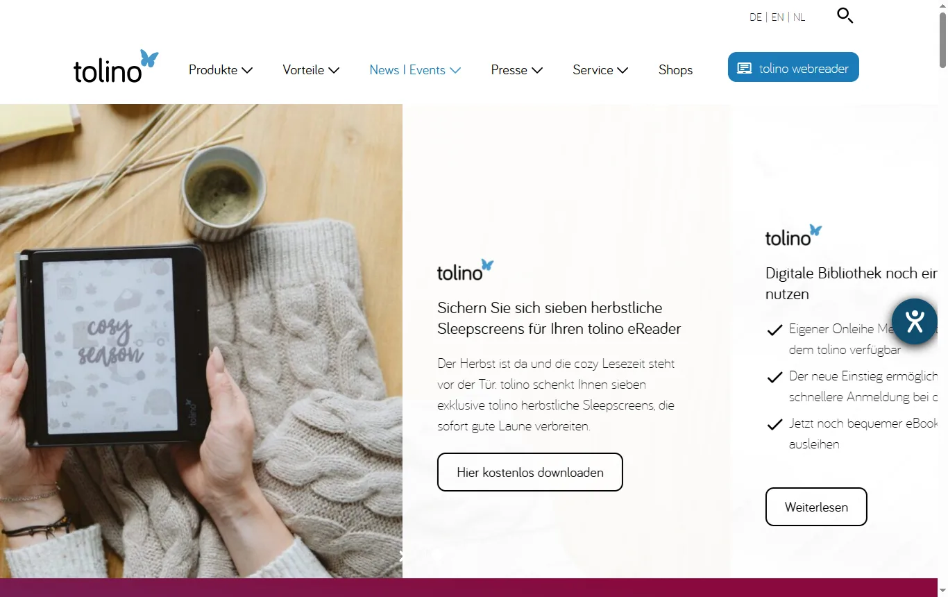 Screenshot von mytolino.de : Startseite von mytolino.de mit der Übersicht der beteiligten Buchhändler und dem Hinweis auf die Onleihe