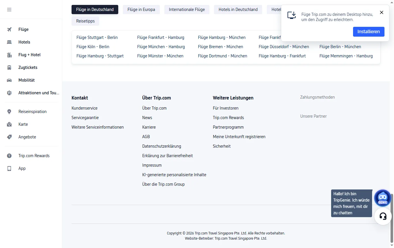 Screenshot von de.trip.com : Fußzeile und Impressumsangaben von de.trip.com mit dem Namen der betreibenden Gesellschaft, Trip.com Travel Singapore Pte. Ltd. (de.trip.com, Seitenende der Startseite)