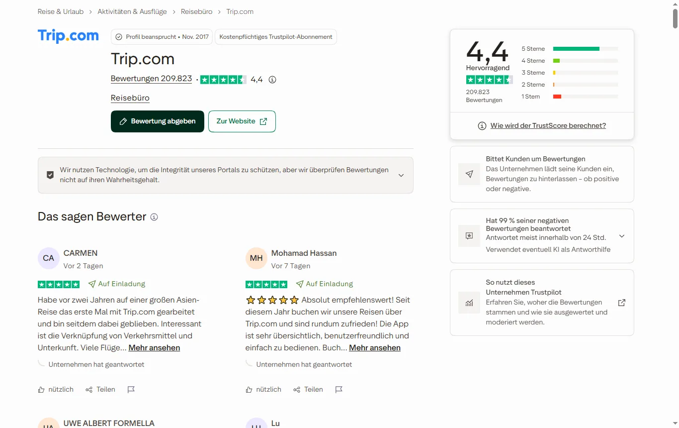 Screenshot von de.trustpilot.com : Trustpilot-Seite de.trustpilot.com/review/trip.com mit Gesamtnote, Bewertungszahl und Sterneverteilung im oberen Seitenbereich