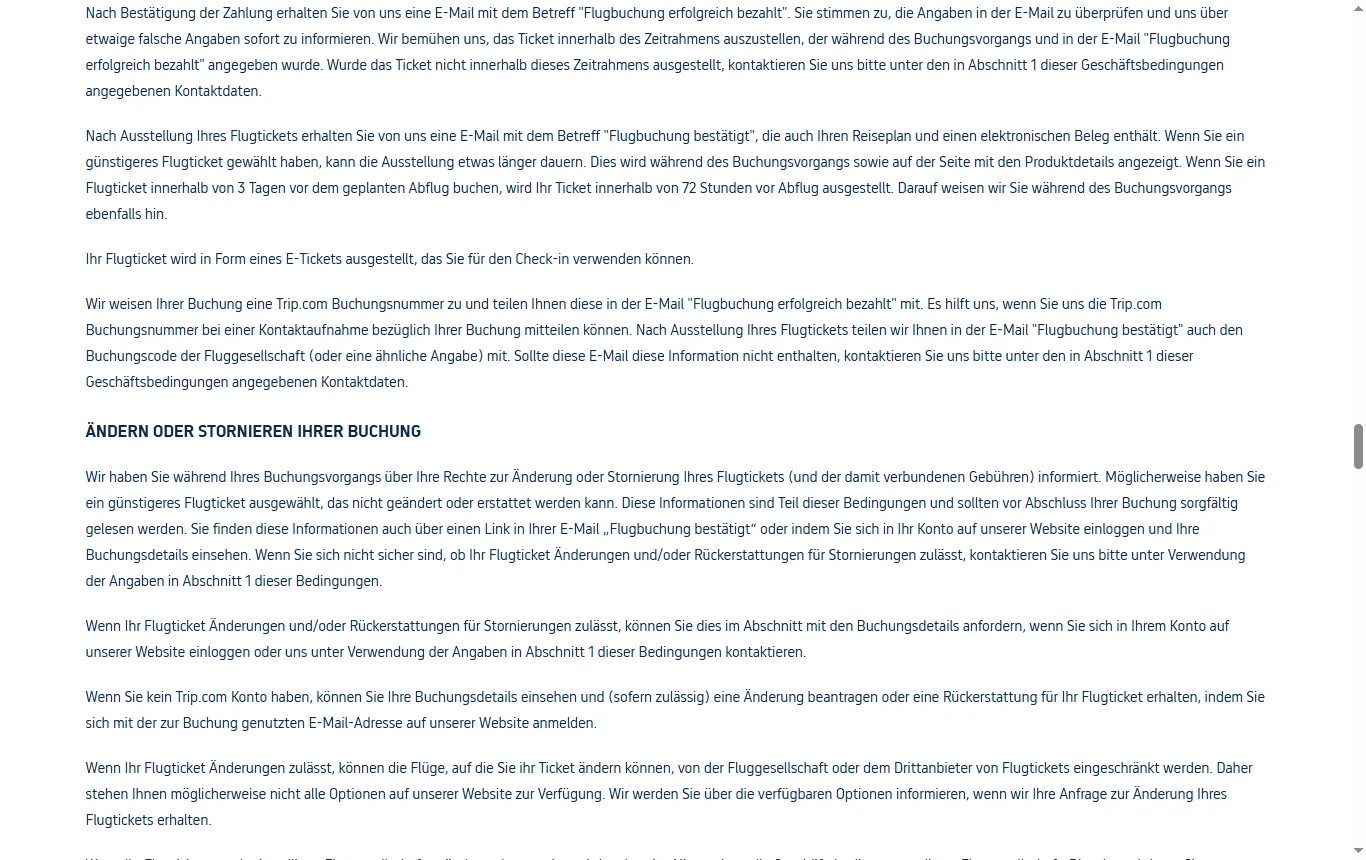 Screenshot von de.trip.com : Abschnitt der AGB von de.trip.com zu Änderungen, Stornierungen und Erstattungen (de.trip.com/contents/service-guideline/terms.html)
