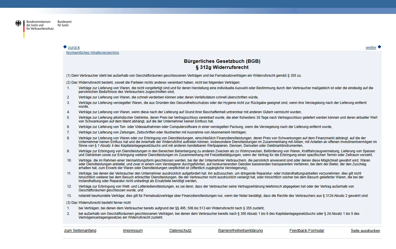 Screenshot von gesetze-im-internet.de : Gesetzestext § 312g BGB auf gesetze-im-internet.de/bgb/__312g.html mit Absatz 2 Nummer 9 (Beherbergung, Beförderung von Waren, Kfz-Vermietung, Freizeitgestaltung mit spezifischem Termin)