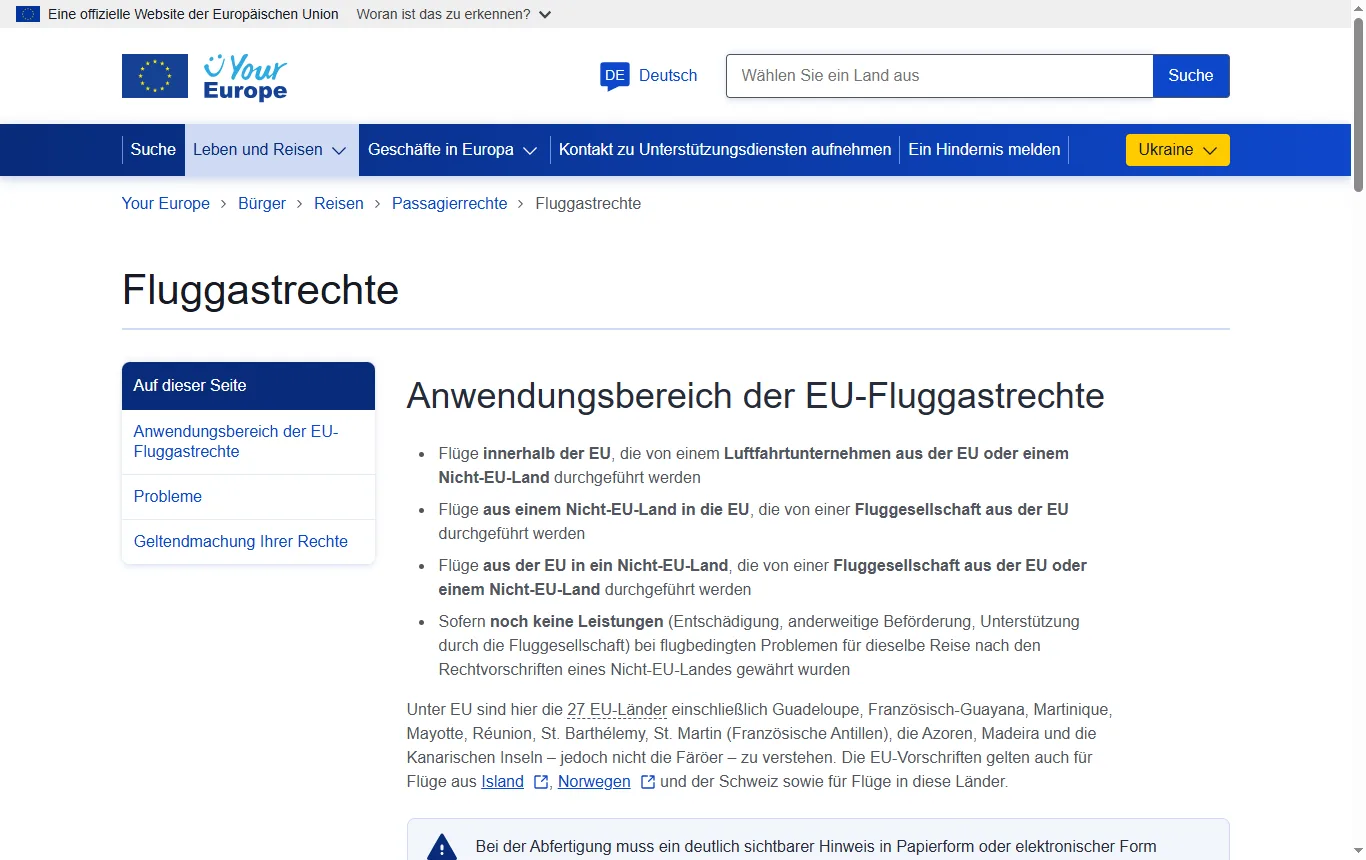 Screenshot von europa.eu : Your Europe, Seite "Fluggastrechte" (europa.eu/youreurope/citizens/travel/passenger-rights/air/index_de.htm) mit dem Abschnitt zu Annullierung und Ausgleichszahlung