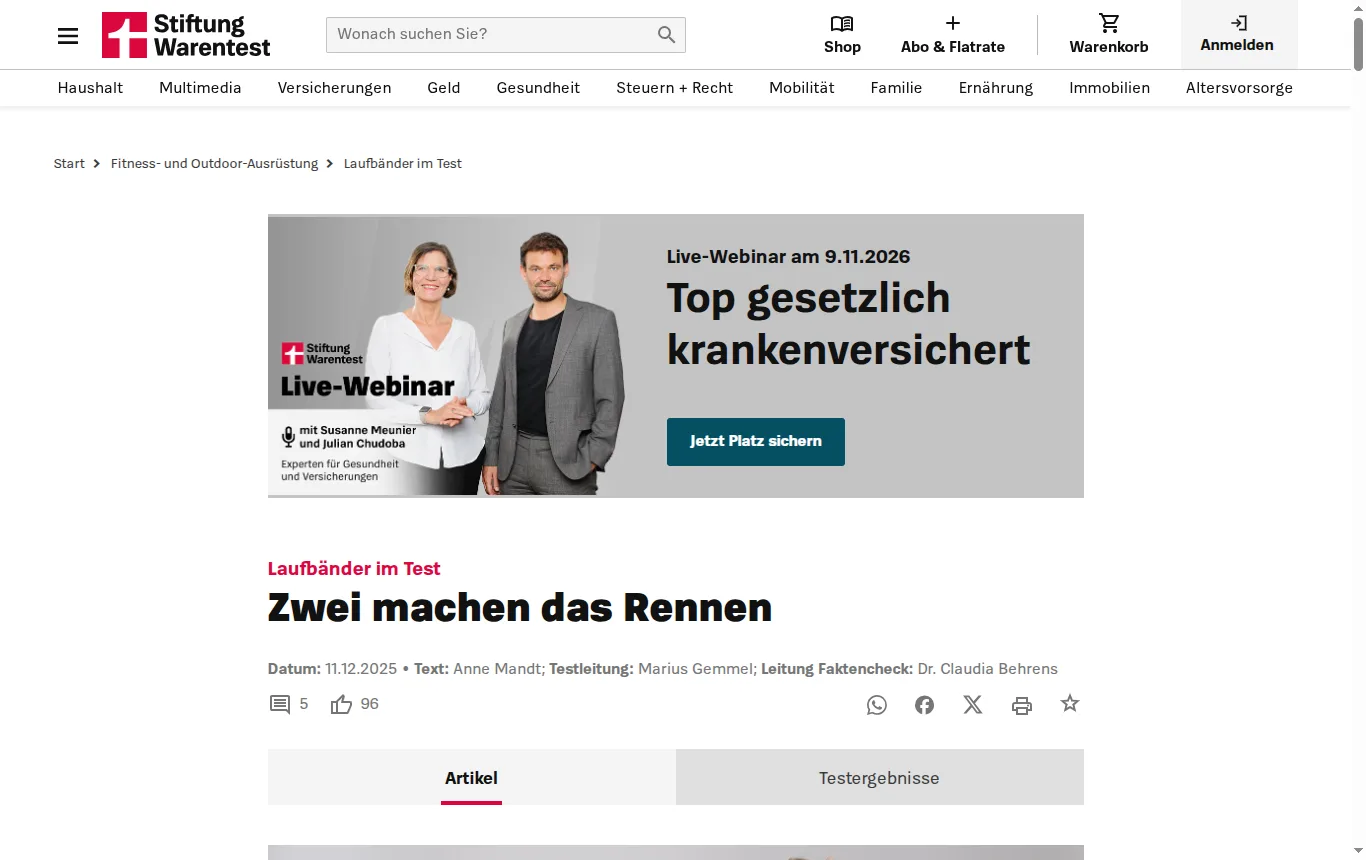 Screenshot von test.de : Einstiegsseite des Tests „Laufbänder im Test“ auf test.de (test.de/Laufbaender-im-Test-6190767-0/) mit Datum, ohne kostenpflichtige Inhalte
