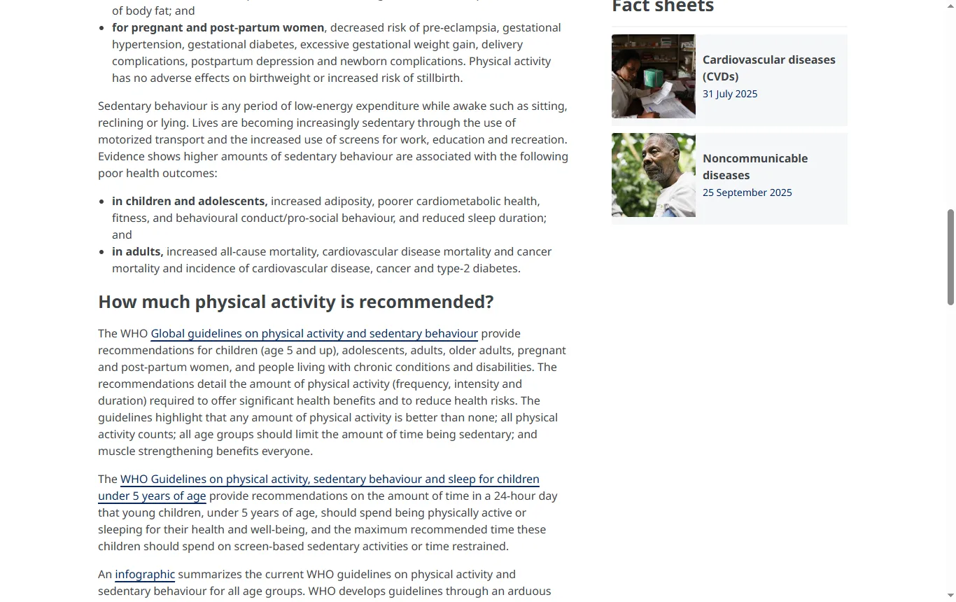 Screenshot von who.int : Faktenblatt „Physical activity“ der WHO (who.int/news-room/fact-sheets/detail/physical-activity), Abschnitt mit den Empfehlungen für Erwachsene