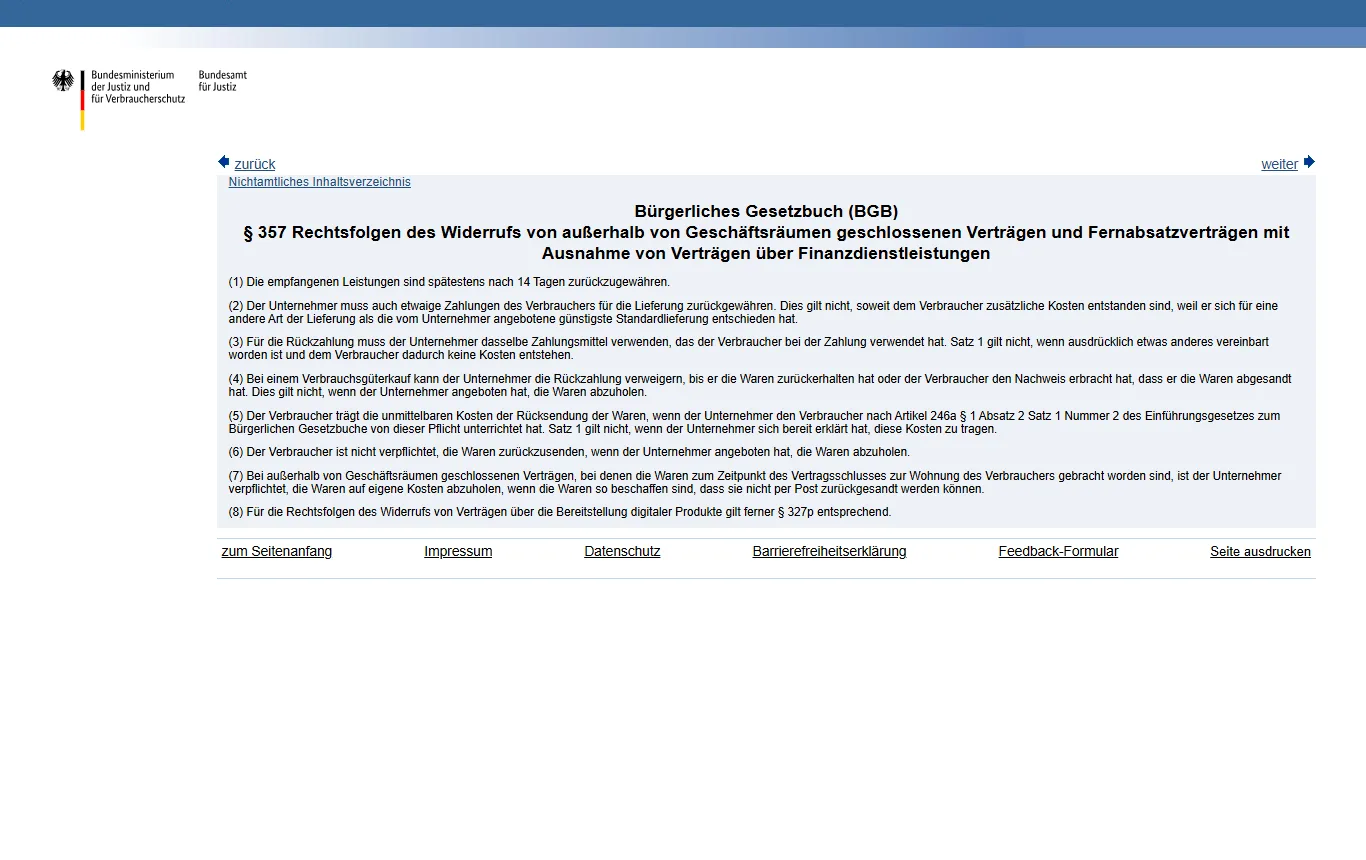 Screenshot von gesetze-im-internet.de : § 357 BGB auf gesetze-im-internet.de (gesetze-im-internet.de/bgb/__357.html), Absatz 5 zu den Kosten der Rücksendung