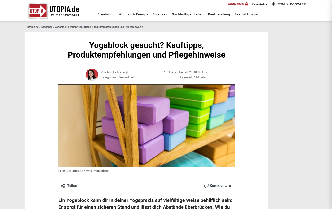 Screenshot von utopia.de : Ratgeber von Utopia zum Yogablock (utopia.de/ratgeber/yogablock-gesucht-kauftipps-produktempfehlungen-und-pflegehinweise), Abschnitt mit den Aufgaben des Blocks und den Materialien