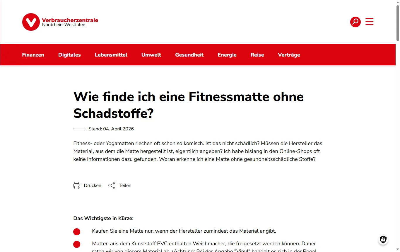Screenshot von verbraucherzentrale.nrw : Seite der Verbraucherzentrale NRW „Wie finde ich eine Fitnessmatte ohne Schadstoffe?“ (verbraucherzentrale.nrw/schadstoffe/moebel/fitnessmatte-muessen-hersteller-die-inhaltsstoffe-deklarieren-46079), Abschnitt zur REACH-Auskunft mit der Frist von 45 Tagen