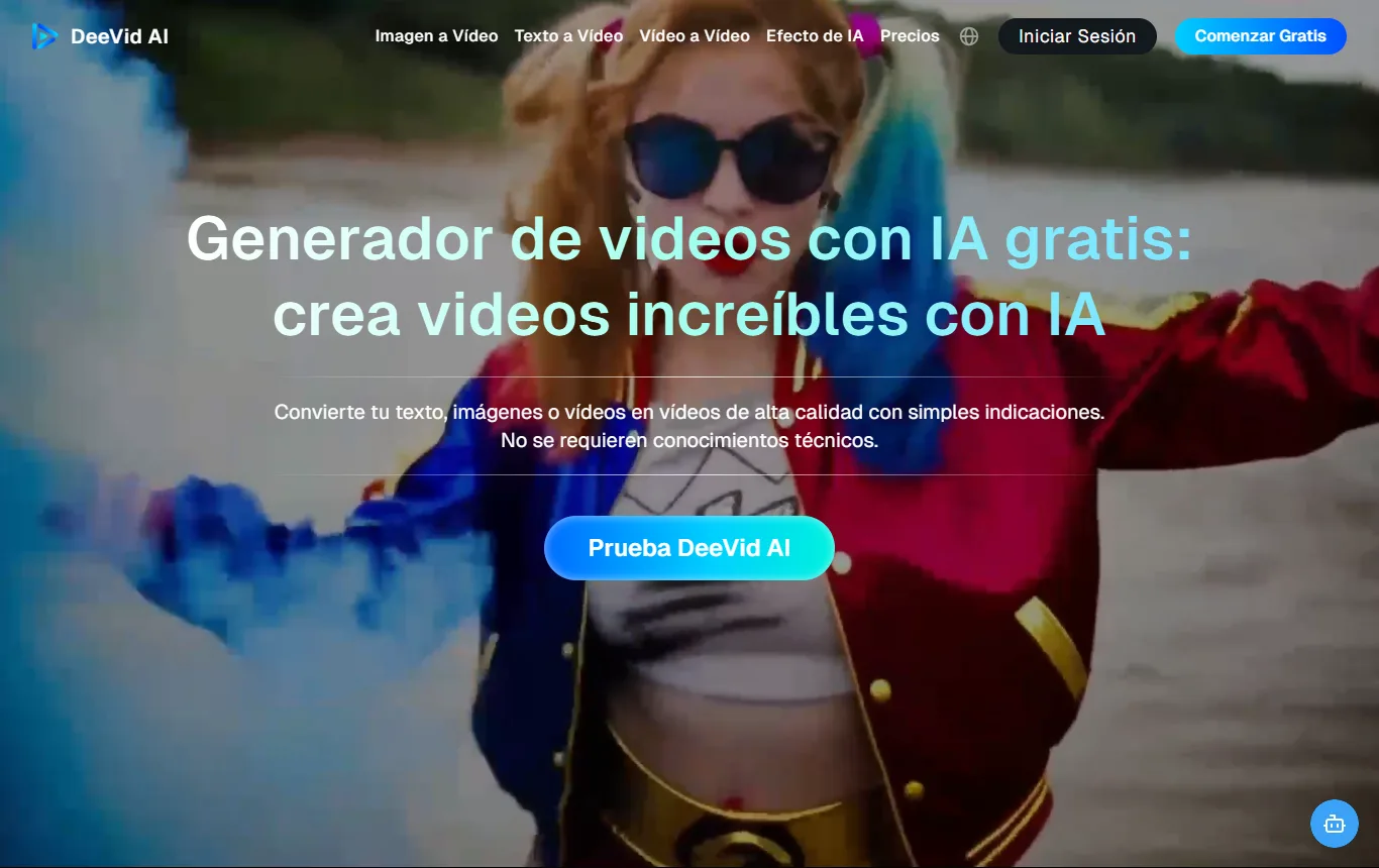 Captura de deevid.ai : deevid.ai, portada con la función Image to Video y la frase sobre subir una foto