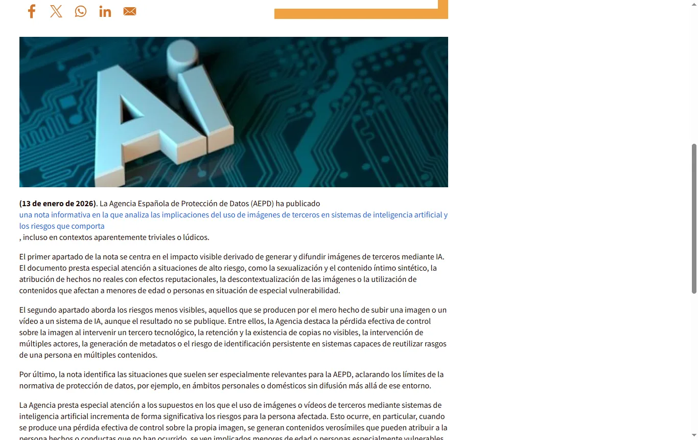 Captura de aepd.es : aepd.es, nota informativa del 13 de enero de 2026 sobre el riesgo de subir imágenes de otras personas a sistemas de IA