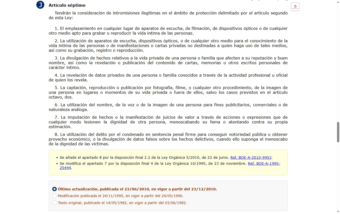 Captura de boe.es : boe.es, texto consolidado de la Ley Orgánica 1/1982 con el artículo 7.6 sobre el uso de la imagen con fines comerciales