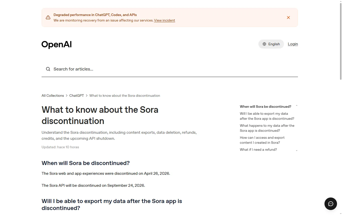 Captura de help.openai.com : help.openai.com, artículo "What to know about the Sora discontinuation" con las fechas de cierre