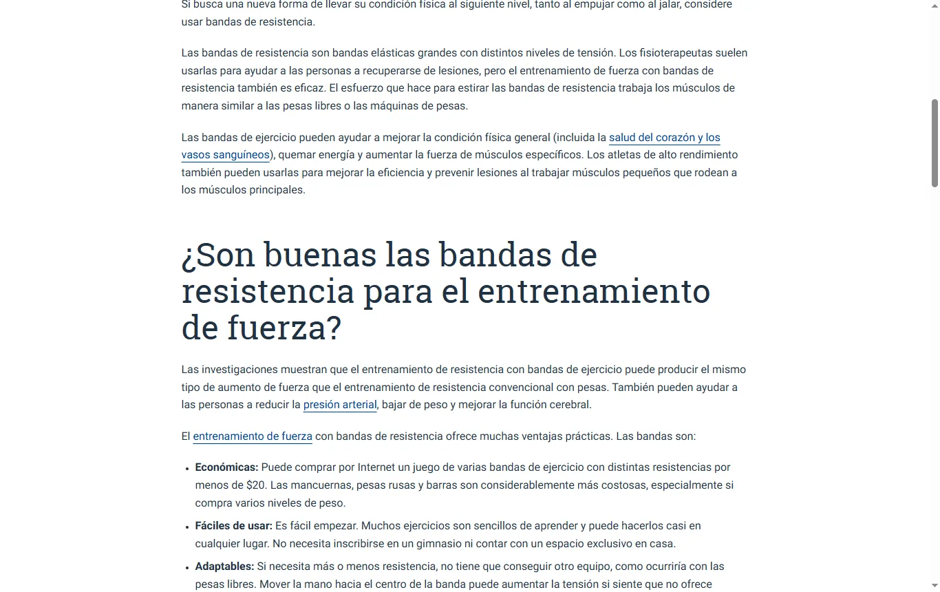 Captura de massgeneralbrigham.org : artículo de Mass General Brigham «How to build strength with resistance bands», pasaje con los beneficios de las bandas frente a las pesas