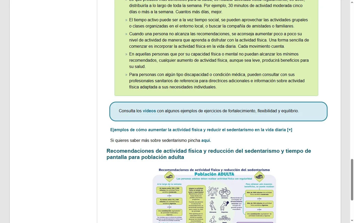 Captura de estilosdevidasaludable.sanidad.gob.es : página del Ministerio de Sanidad «Recomendaciones de actividad física para adultos» (estilosdevidasaludable.sanidad.gob.es), apartado de fortalecimiento muscular