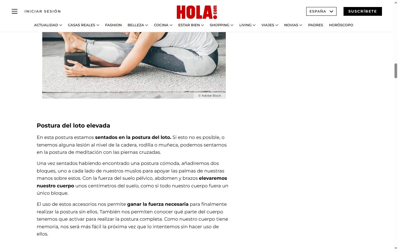 Captura de hola.com : artículo de Hola «¿En qué posturas es buena idea usar los bloques de yoga?», pasaje con las posturas en las que conviene usarlos