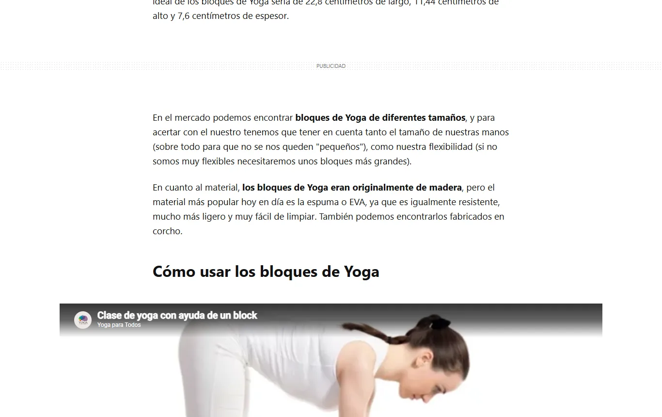 Captura de vitonica.com : artículo de Vitónica «Así se usan los bloques de yoga para facilitar las diferentes posturas», pasaje sobre materiales y tamaño ideal
