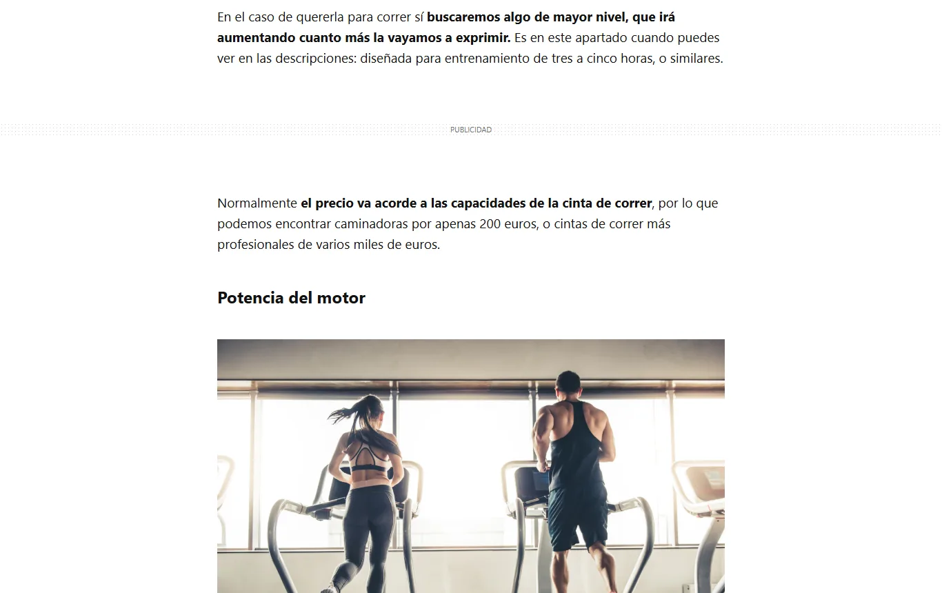 Captura de vitonica.com : guía de compra de Vitónica sobre cintas de correr y de andar, pasaje sobre la potencia del motor según el uso