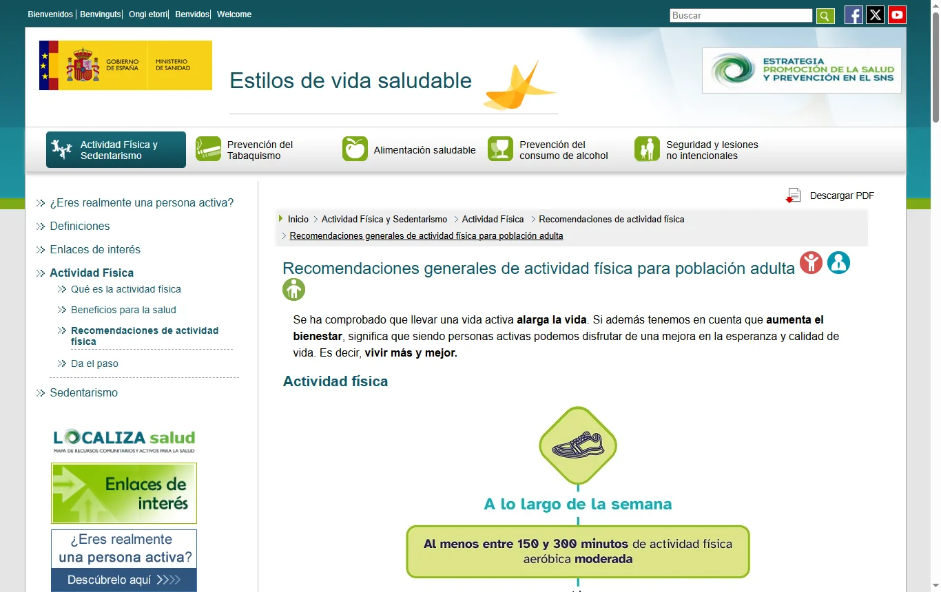 Captura de estilosdevidasaludable.sanidad.gob.es : página del Ministerio de Sanidad «Recomendaciones de actividad física para adultos» (estilosdevidasaludable.sanidad.gob.es), ejemplo de 30 minutos cinco o más días a la semana