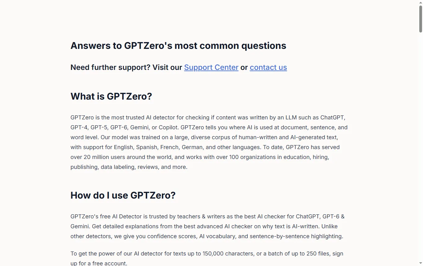 Captura de gptzero.me : gptzero.me/faq, respuesta sobre idiomas admitidos (español) y sobre el límite de la cuenta gratuita