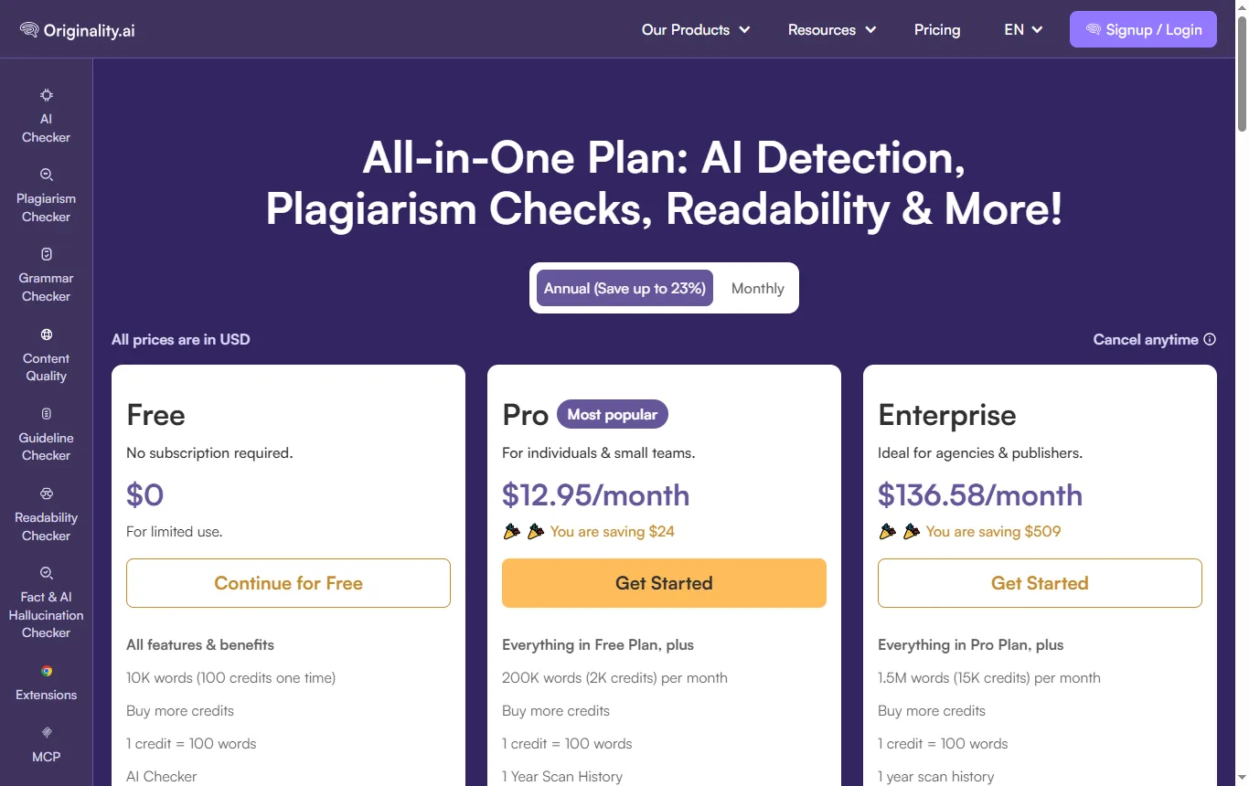 Captura de originality.ai : originality.ai/pricing, plan Basic gratuito con los 60 créditos diarios y los tres escaneos