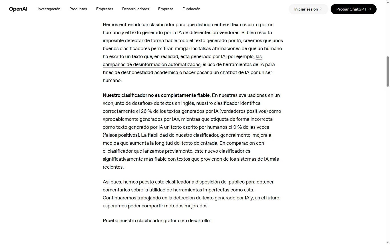 Captura de openai.com : openai.com, anuncio del clasificador de texto de enero de 2023 con las cifras del 26 % y el 9 % y el aviso de retirada del 20 de julio de 2023