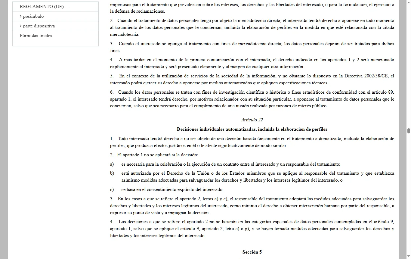 Captura de eur-lex.europa.eu : eur-lex.europa.eu, Reglamento (UE) 2016/679 en español, artículo 22 sobre decisiones individuales automatizadas