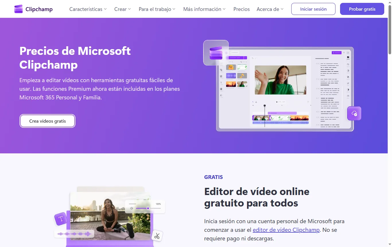 Captura de clipchamp.com : clipchamp.com/es/pricing, plan gratuito con la resolución de exportación de 1080p y la nota sobre el contenido premium
