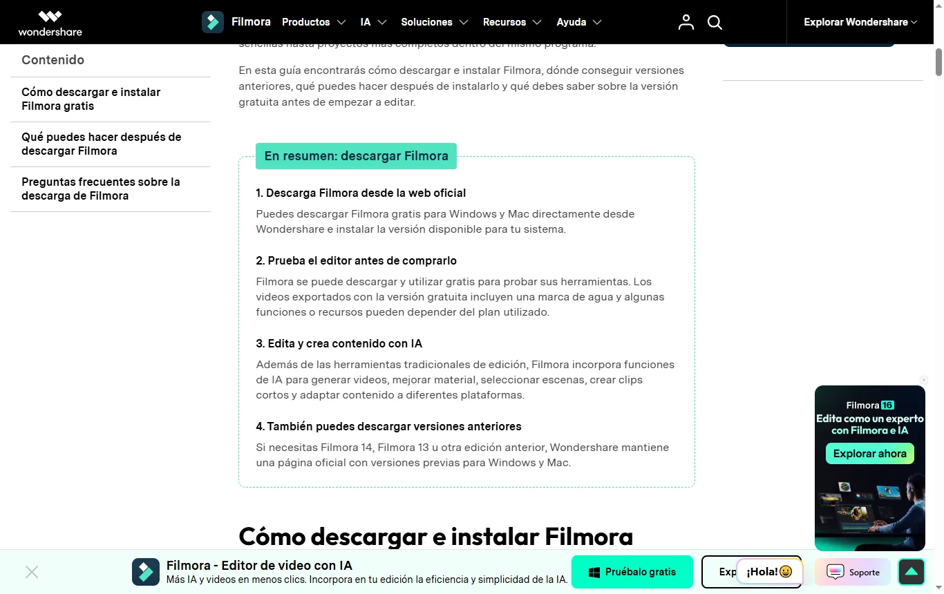 Captura de filmora.wondershare.es : filmora.wondershare.es, apartado donde se indica que los vídeos exportados con la versión gratuita incluyen una marca de agua