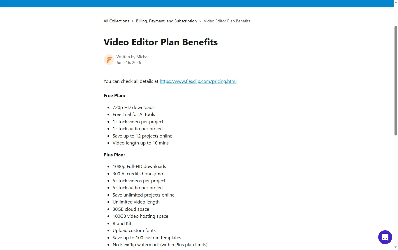 Captura de help.flexclip.com : help.flexclip.com, artículo sobre los beneficios de cada plan (Free, Plus y Business) con la resolución y el número de proyectos