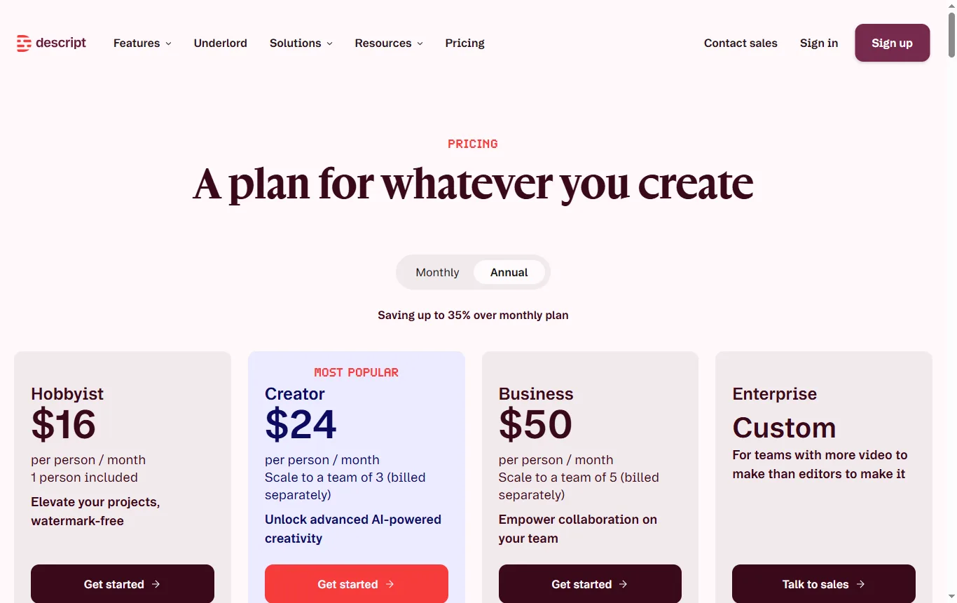 Captura de descript.com : descript.com/pricing, plan gratuito con los 60 minutos al mes, la exportación a 720p y los 100 créditos de IA