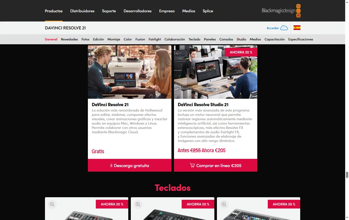Captura de blackmagicdesign.com : blackmagicdesign.com/es/products/davinciresolve, comparación de la versión gratuita y la versión Studio