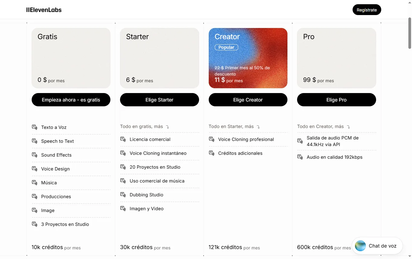 Captura de elevenlabs.io : página de precios de ElevenLabs con el plan Gratis, los 10.000 créditos y la columna de minutos