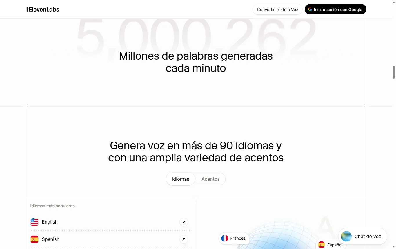 Captura de elevenlabs.io : página de texto a voz de ElevenLabs con el listado de idiomas y acentos
